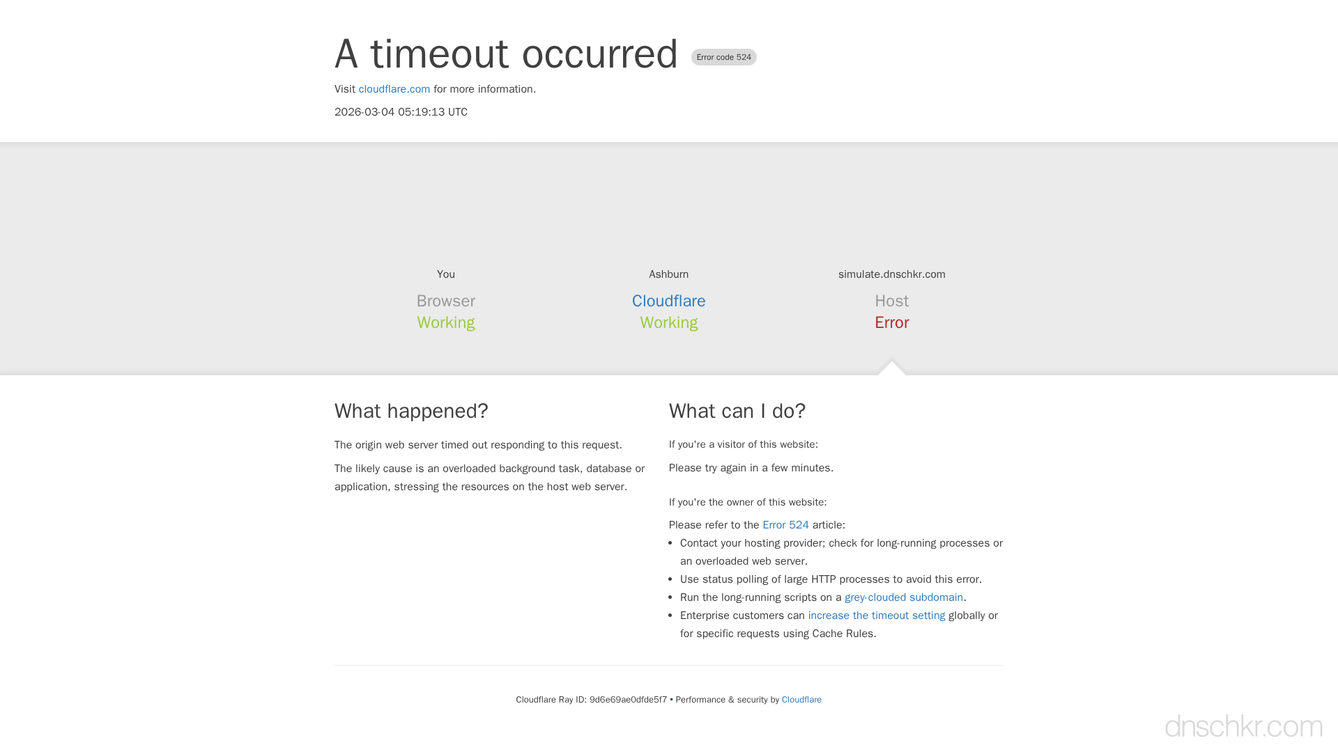 Screenshot of a Cloudflare 524 A Timeout Occurred error page in a web browser