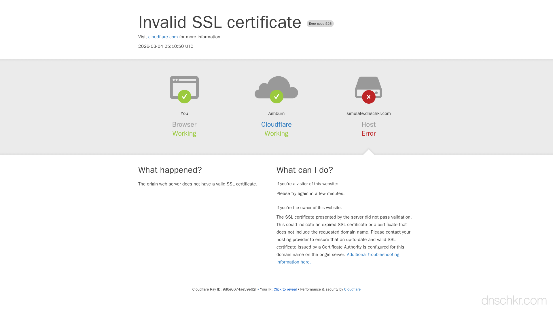 Screenshot of a Cloudflare 526 Invalid SSL Certificate error page in a web browser