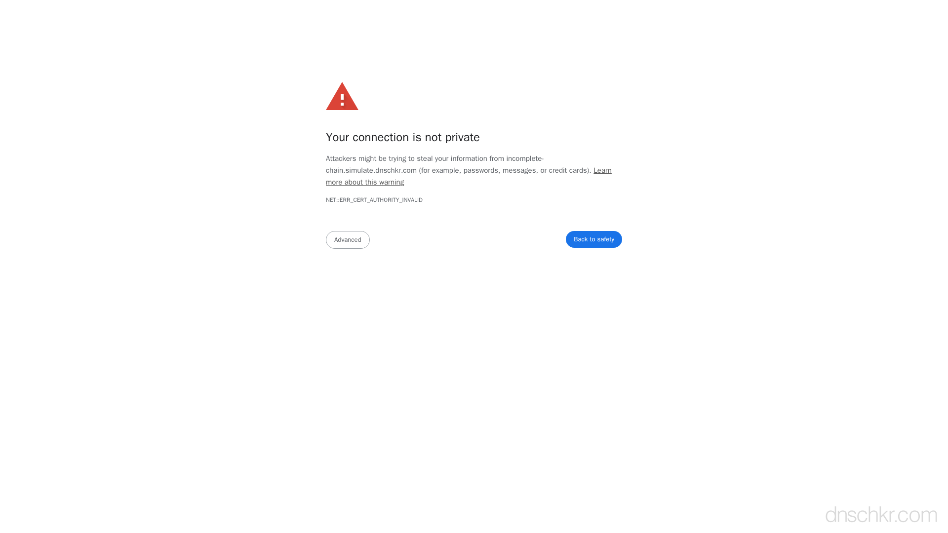 Screenshot of a Chrome ERR_SSL_PINNED_KEY_NOT_IN_CERT_CHAIN SSL certificate error warning