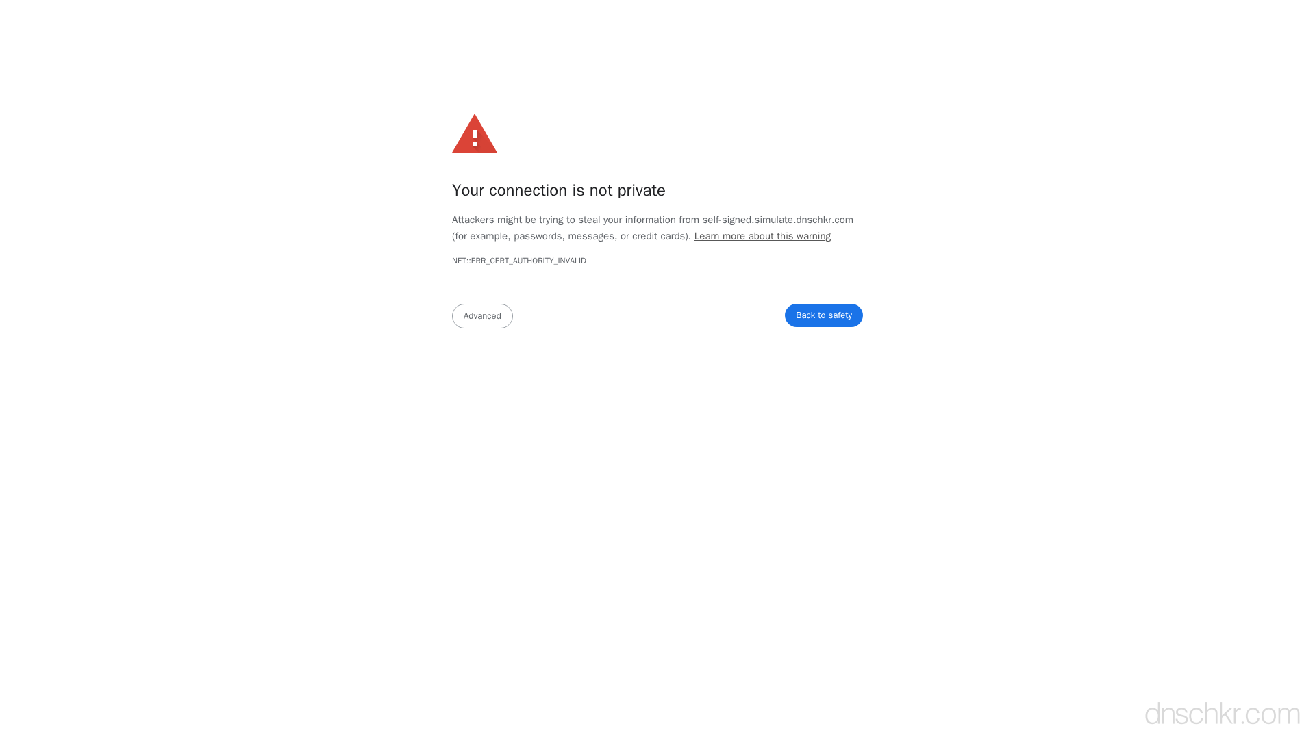 Screenshot of a Chrome ERR_CERT_AUTHORITY_INVALID SSL certificate error warning