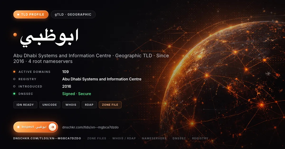 .ابوظبي (.xn--mgbca7dzdo) TLD — domains, registry, and DNSSEC overview