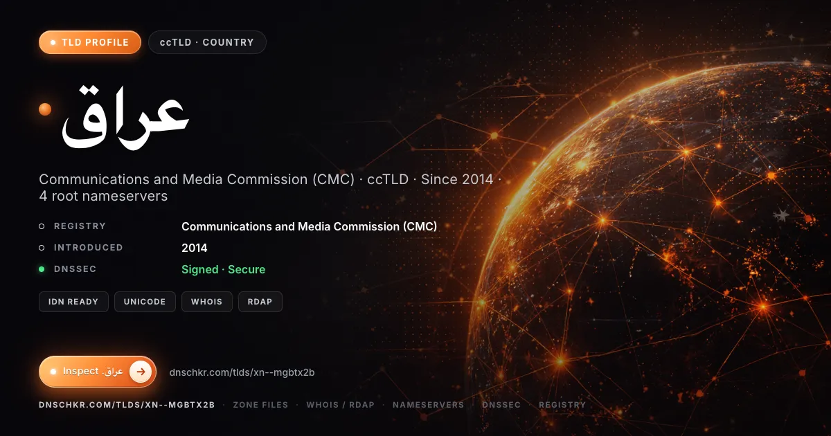 .عراق (.xn--mgbtx2b) TLD — domains, registry, and DNSSEC overview